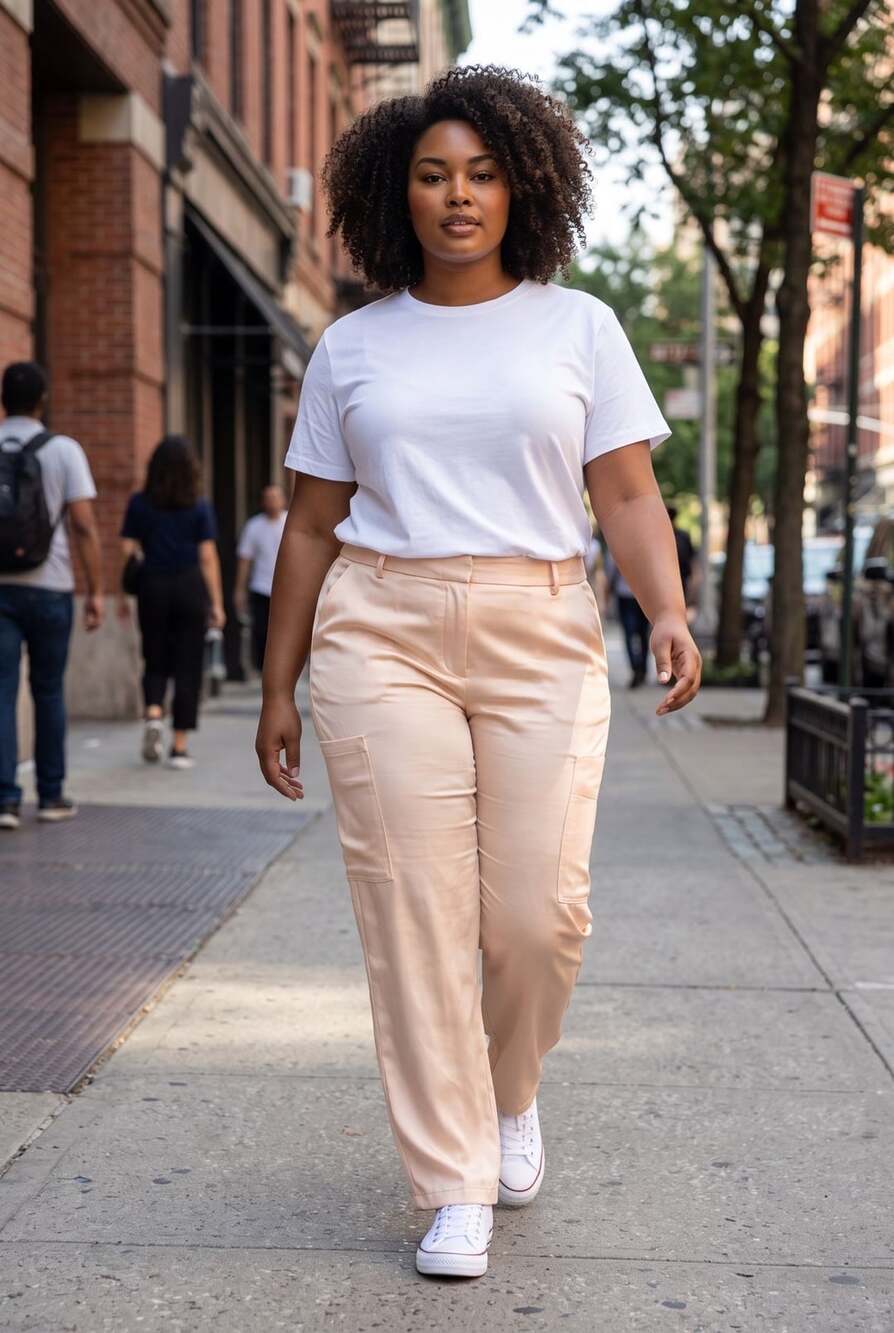ELOQUII Women's Satin Cargo Pants, Peach, Size 18